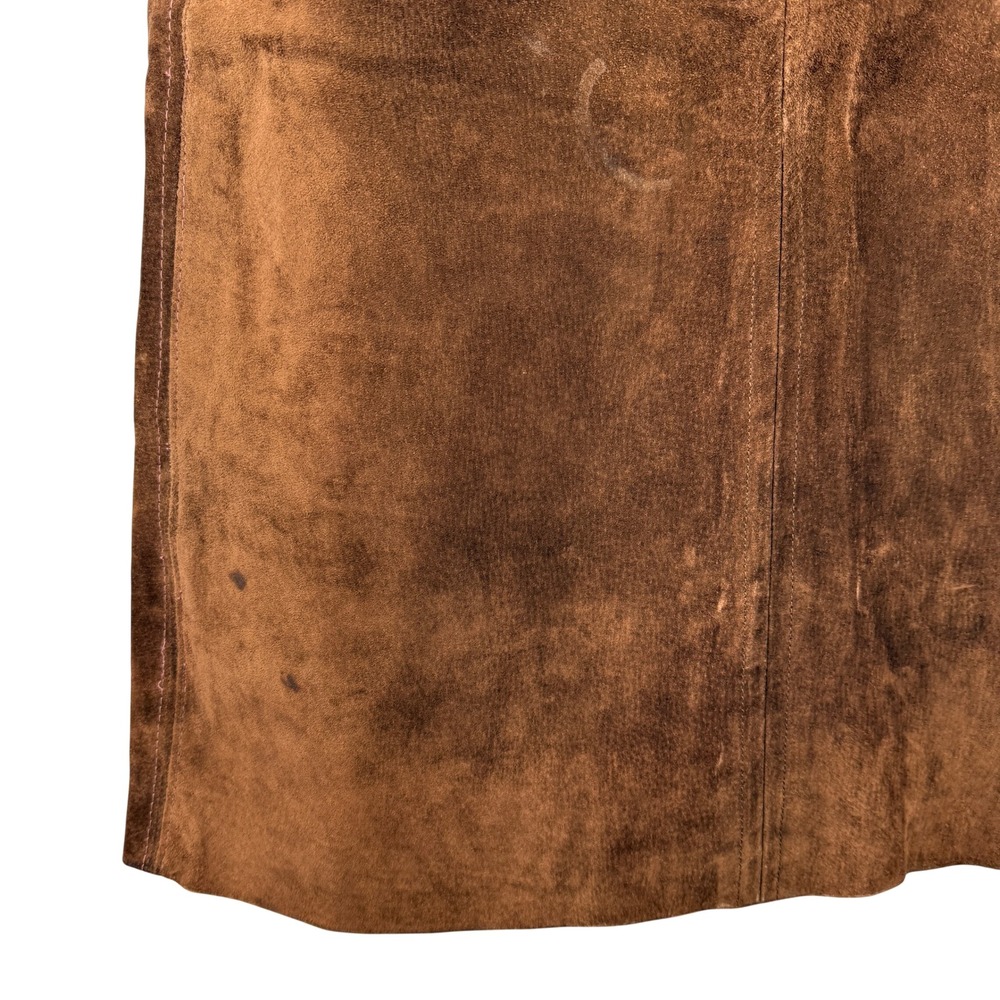 Vintage 70s Suede Leather Midi Skirt Women 26 Brown Western Boho Paneled A-Line - Picture 9 of 11